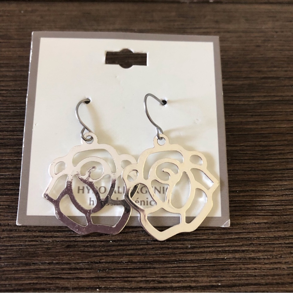 Sliver Metal Rose cutout fish hook earrings